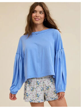 Slouchy Aerie Long Sleeve Tee Bubble Sleeve Size Cornflower Blue Cotton Oversize